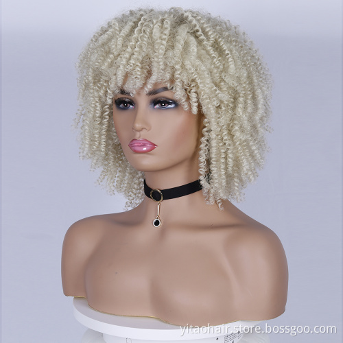 Wholesale Light Blonde Curly Wigs for Women Afro Curly Wigs with Bangs 14 Inch Afro Kinky Loose Curly Wave Synthetic Hair Wigs